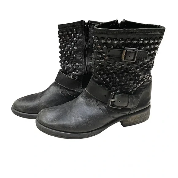 Steve Madden Leather Distressed Rugged Studded Buckle Moto Boots Size 8 - Picture 3 of 8
